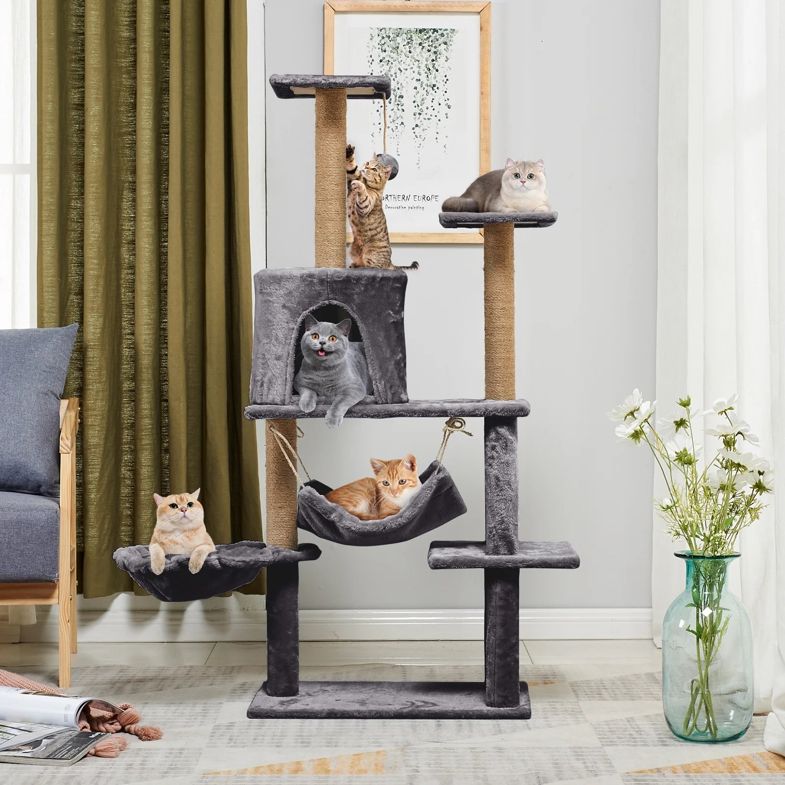 52"Cat Tree for Adult Cat,Multiple Sisal Cat Scratching Post Tower for Indoor Kitten,Gray