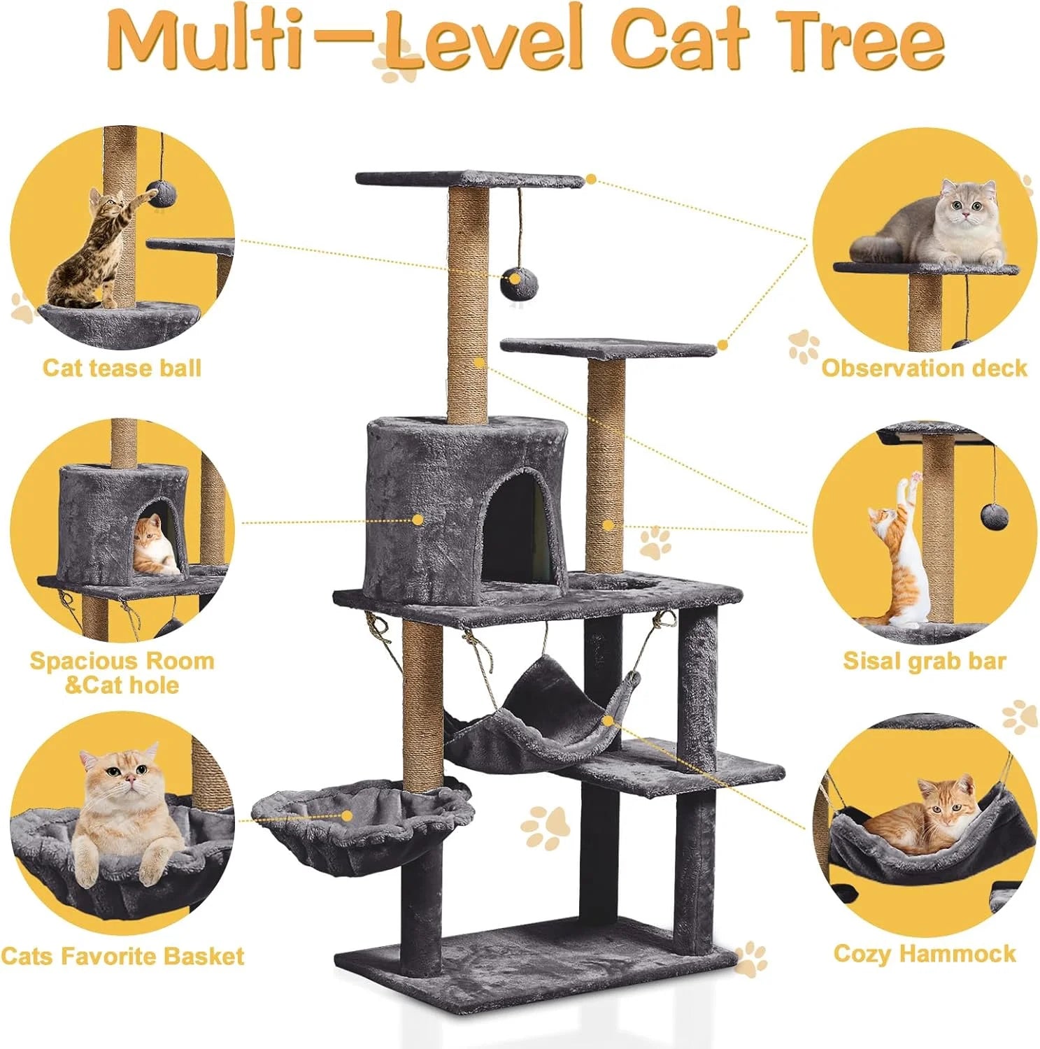 52"Cat Tree for Adult Cat,Multiple Sisal Cat Scratching Post Tower for Indoor Kitten,Gray