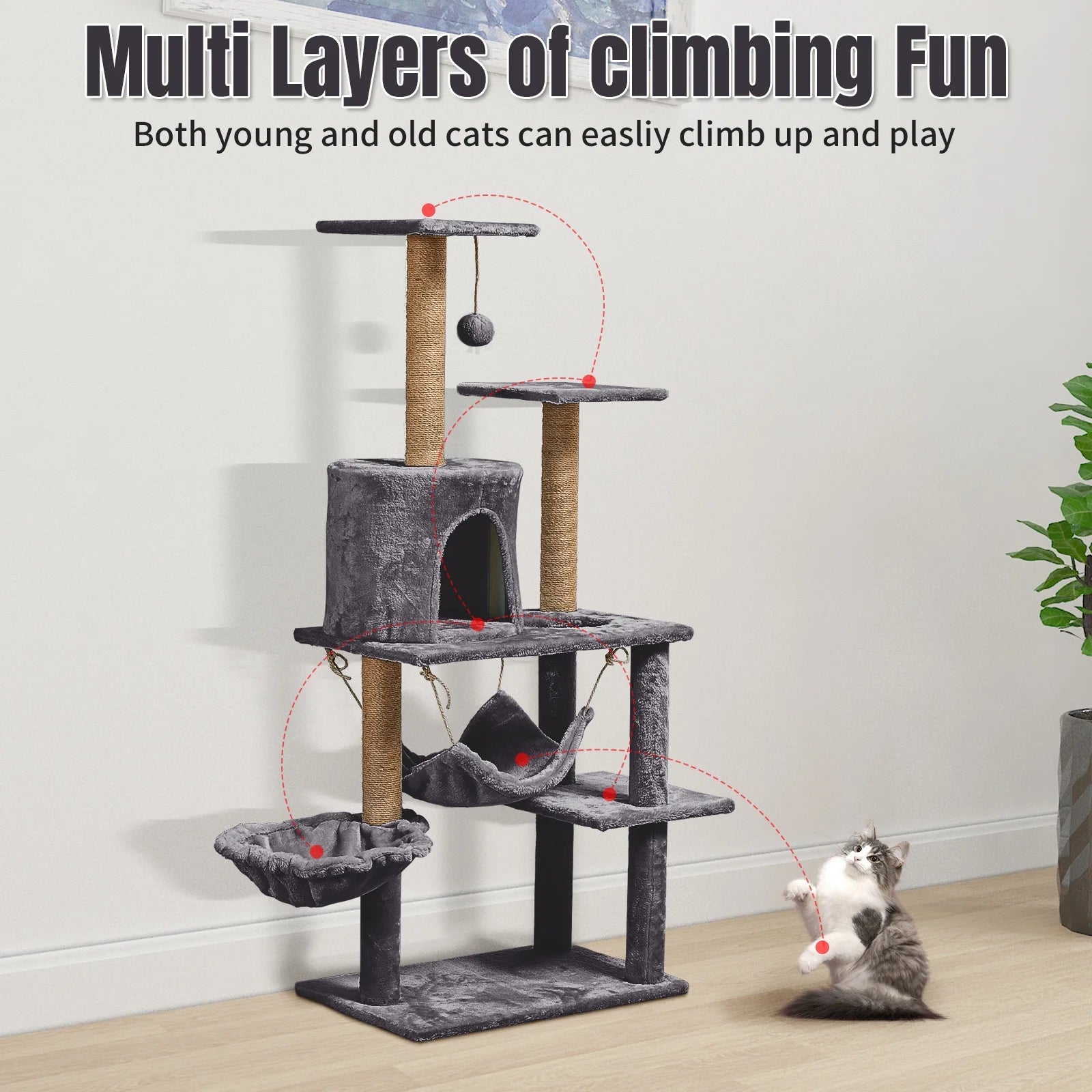 52"Cat Tree for Adult Cat,Multiple Sisal Cat Scratching Post Tower for Indoor Kitten,Gray