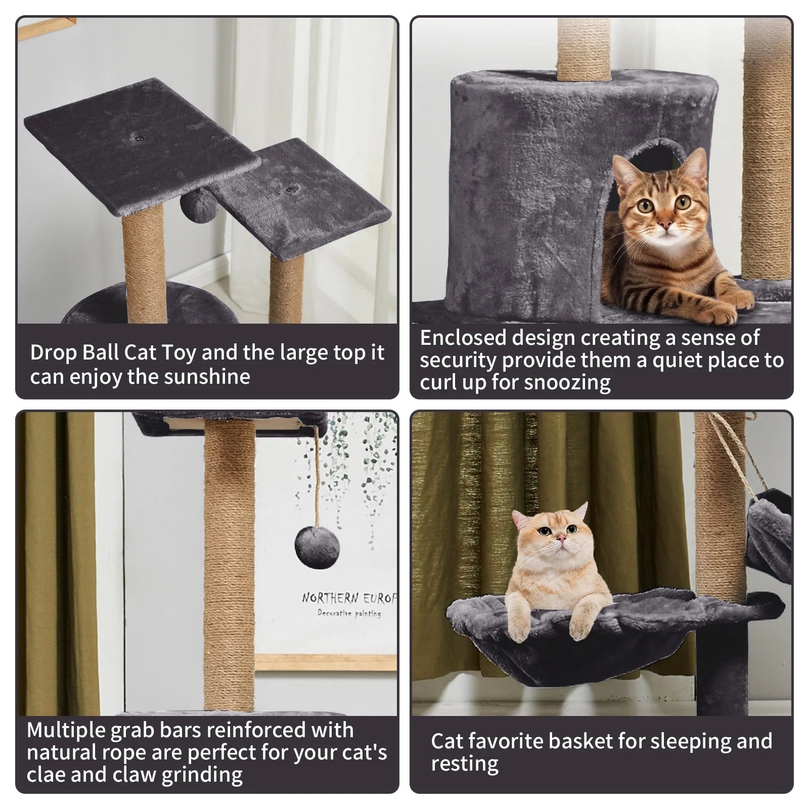 52"Cat Tree for Adult Cat,Multiple Sisal Cat Scratching Post Tower for Indoor Kitten,Gray
