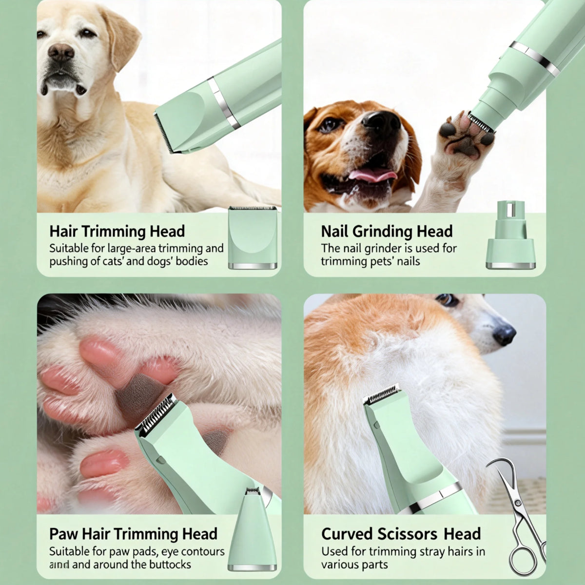 4-In-1 Pet Grooming Kit for Small Dogs Cats, Professional Quiet Rechargeable Hair Trimmer with 4 Interchangeable Heads, Low Noise Paw Nail Grinder Body Clipper