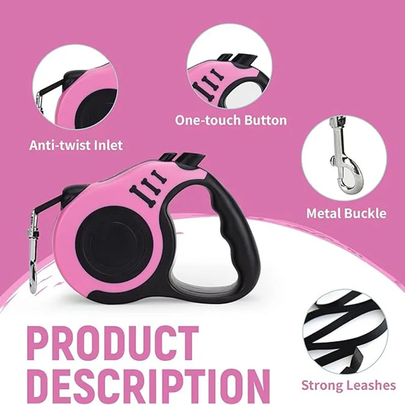 Retractable Dog Leash, 3M/5M Extendable Walking Lead for Small & Large Dogs with One-Button Brake & Lock, Strong Nylon Tape