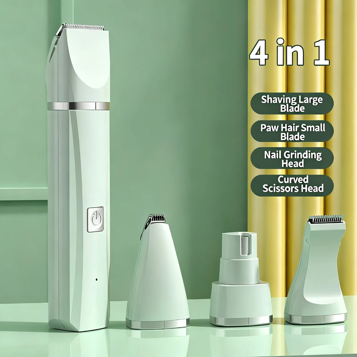 4-In-1 Pet Grooming Kit for Small Dogs Cats, Professional Quiet Rechargeable Hair Trimmer with 4 Interchangeable Heads, Low Noise Paw Nail Grinder Body Clipper
