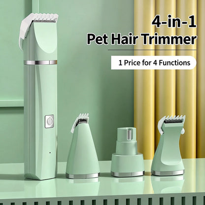 4-In-1 Pet Grooming Kit for Small Dogs Cats, Professional Quiet Rechargeable Hair Trimmer with 4 Interchangeable Heads, Low Noise Paw Nail Grinder Body Clipper